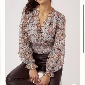 Anthropologie Printed Smock Waist Long‎ Sleeve Blouse Neutral S